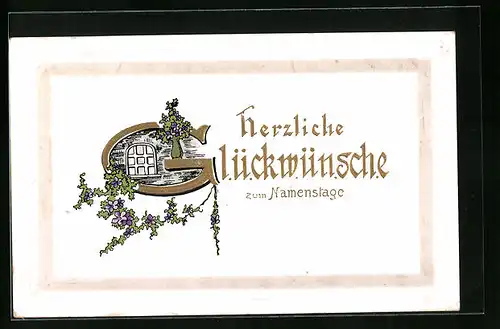 Künstler-AK Glückwünsche zum Namenstag mit Blumendekor