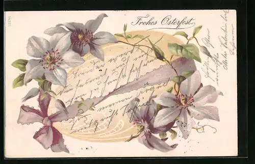 Lithographie Grüsse zu Ostern mit Blumendekor