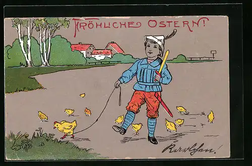 Künstler-AK Junge mit Osterküken