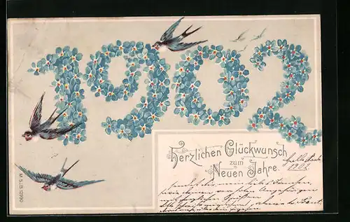 Lithographie Glückwünsche zum Neujahr 1902 mit Vergissmeinnicht und Schwalben