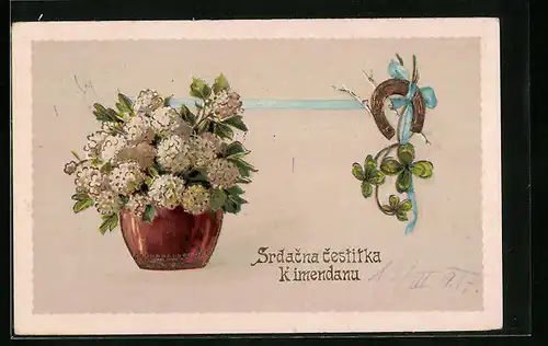 Künstler-AK Glückwünsche mit Kleeblatt, Hufeisen und Blumen