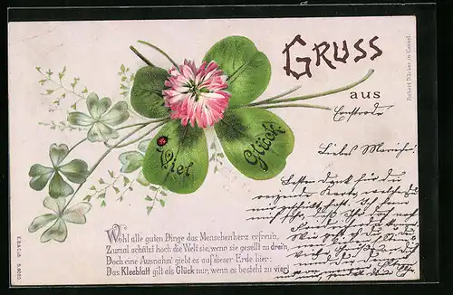 Lithographie Viel Glück, Kleeblatt mit Blüte