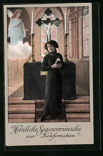 Künstler-AK Segenswünsche zur Konfirmation, Dame in Kirche