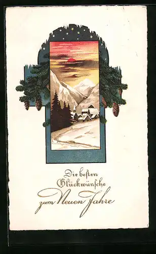 Lithographie Glückwünsche zum Neujahr, Verschneite Winterlandschaft mit Tannenzweigen