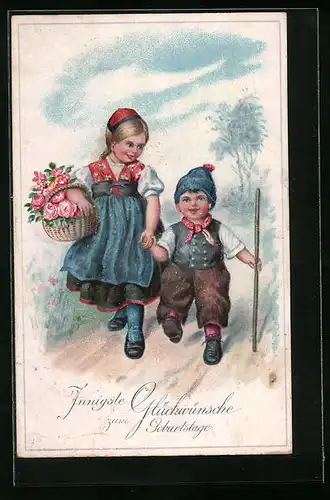Lithographie Mädchen in Tracht mit Jungen beim Spaziergehen zum Geburtstag