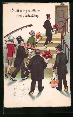 Künstler-AK Auch wir gratulieren zum Geburtstag, Gesellschaft mit Blumen