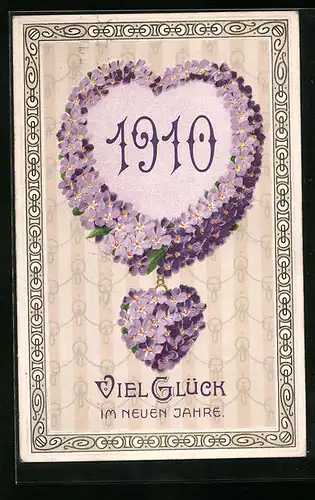 Präge-AK Viel Glück im neuen Jahre 1910 mit Veilchen-Dekor