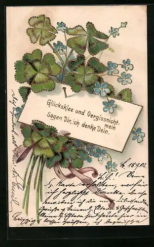 Präge-AK Grüsse mit Glücksklee und Vergissmeinnicht