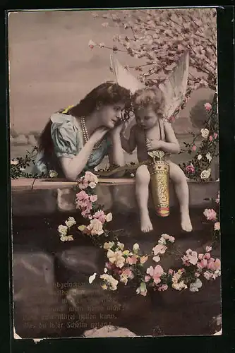 AK Dame neben Amor mit Pfeilen