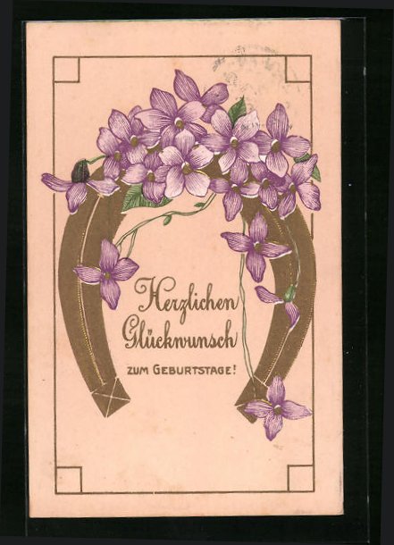 PrägeAK Glückwünsche zum Geburtstag mit Hufeisen und Veilchen Nr