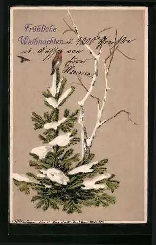Präge-AK Fröhliche Weihnachten, Verschneiter Tannenbaum mit Vögeln