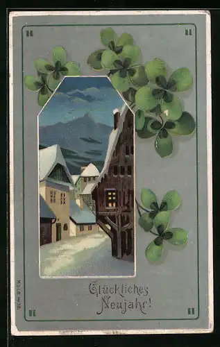 Präge-AK Glückliches Neujahr, Winterlandschaft mit Kleeblättern