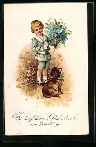 Künstler-AK Glückwünsche zum Geburtstag, Kind neben Hund mit Strauss Vergissmeinnicht