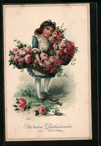Künstler-AK Mädchen mit Blumenkörben zum Geburtstag