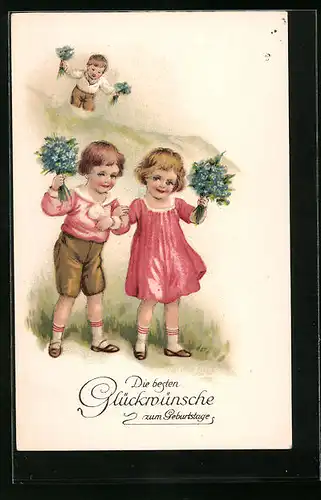 Lithographie Die besten Glückwünsche zum Geburtstag, Kinder mit Vergissmeinnicht-Sträussen