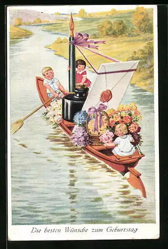 Künstler-AK Die besten Glückwünsche zum Geburtstag, Kinder mit Blumen auf Ruderboot