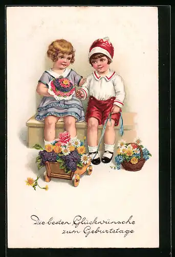 Lithographie Kinder mit Blumen zum Geburtstag