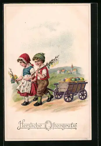 Lithographie Kinder mit Bollerwagen voller Ostereier