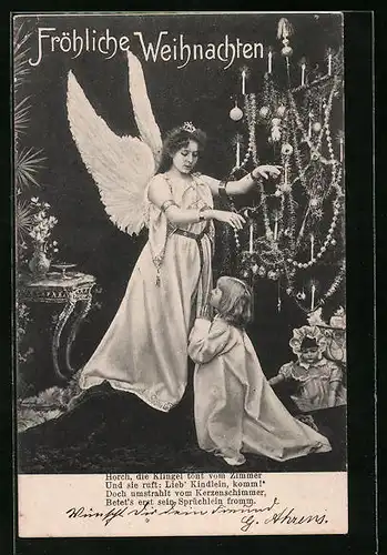 AK Weihnachtsengel mit Kind am Christbaum