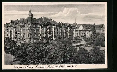 AK Glogau, König-Friedrich-Platz mit Oberrealschule