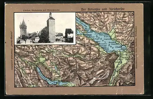 Relief-AK Lindau /Bodensee, Diebsturm mit Peterskirche, Reliefkarte Bodensee und Zürichersee