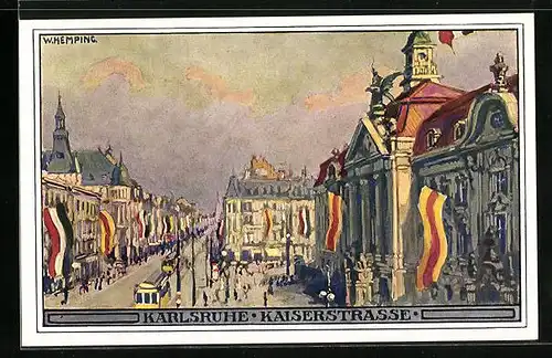 Künstler-AK sign. W. Hempfing: Karlsruhe, Kaiserstrasse mit Fahnenschmuck
