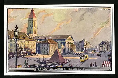Künstler-AK sign. W. Hempfing: Karlsruhe, Marktplatz