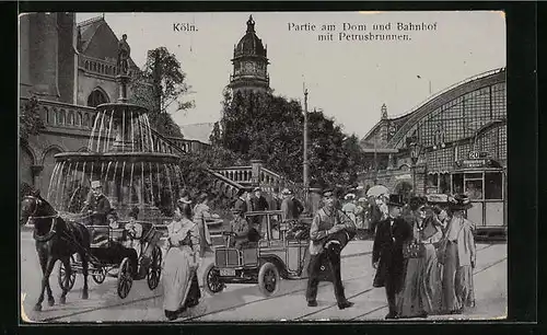 AK Köln, Partie am Dom und Bahnhof mit Petersbrunnen