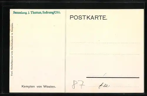 Künstler-AK Kempten, Ortsansicht von Westen