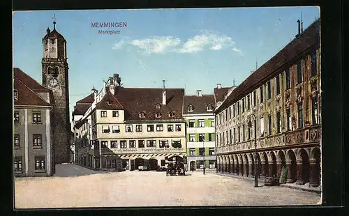 AK Memmingen, Marktplatz mit Geschäft des Kupferschmieds Friedrich Angerer