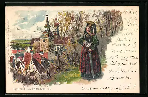 Lithographie Lechfeld bei Landsberg a. L., Teilansicht mit Trachtenträgerin