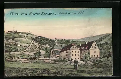 Künstler-AK Kloster Kreuzberg /Rhoen, Mönche vor dem Kloster