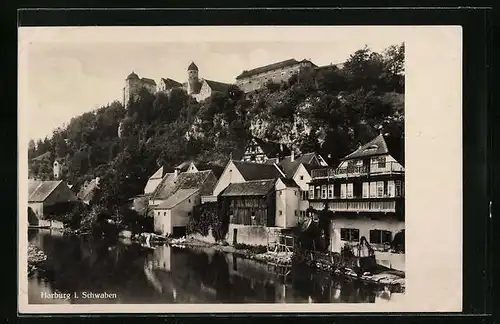 AK Harburg /Schwaben, Uferpartie mit Burg