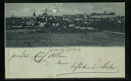 Mondschein-AK Günzburg a. d. D., Ortspartie mit dem Schloss