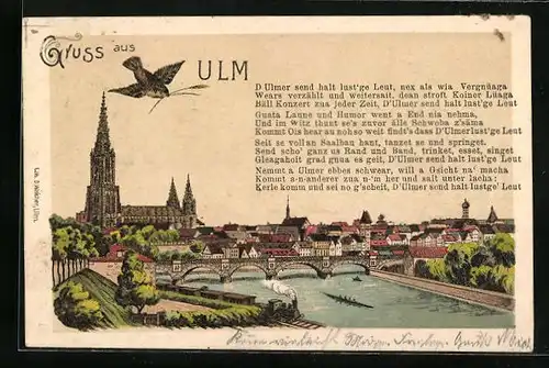 Lithographie Ulm, Stadt mit Dom, Dampflok, Text