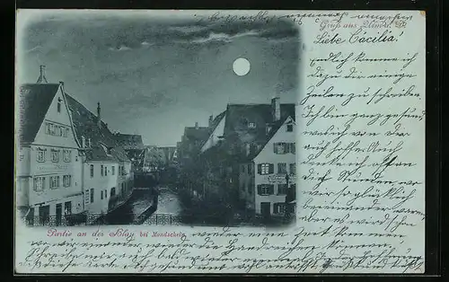 Mondschein-AK Ulm a. D., Partie an der Blau, Vollmond