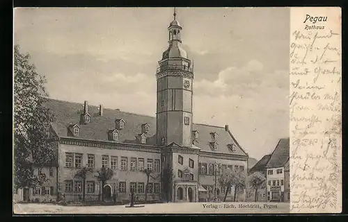 AK Pegau, Rathaus mit Geschäft von Gustav Lewy