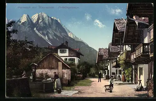 AK Garmisch, Frühlingstrasse mit Waxenstein