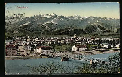 AK Rosenheim, Gesamtansicht mit Brücke und Kirchturm