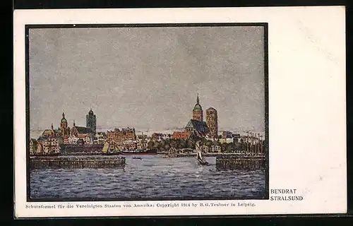 AK Stralsund, Totalansicht mit Kirche und Anlegestelle