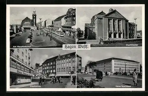 AK Hagen /Westf., Hauptbahnhof, Stadttheater