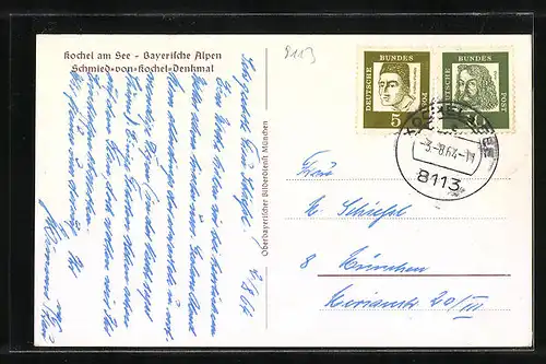 AK Kochel am See, Schmied-von-Kochel-Denkmal mit Gasthof zur Post