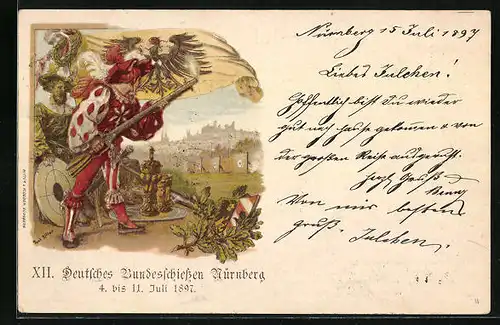 Lithographie Nürnberg, Deutsches Bundesschiessen 1897 - Historischer Schütze mit Flagge, Ortsansicht
