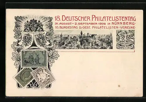 Künstler-AK Nürnberg, 18. Deutscher Philatelistentag 1906, Briefmarken, Wappen, Ganzsache Bayern