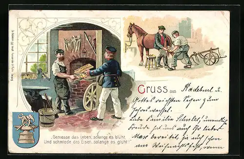 Lithographie Schmiede-Meister in seiner Werkstatt und beim Besohlen eines Pferdes