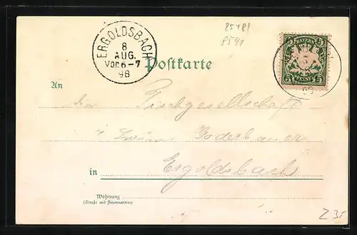 Lithographie Heideck, Totalansicht mit Rathaus und Marktplatz