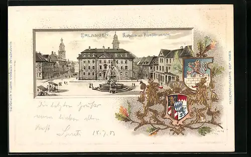 Passepartout-Lithographie Erlangen, Rathaus mit Kunstbrunnen und Wappen