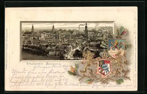Passepartout-Lithographie Erlangen, Panorama mit Wappen