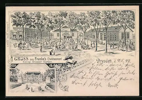 Lithographie Dresden, Gasthaus Franke`s Etablissement im Königlichen Grossen Garten