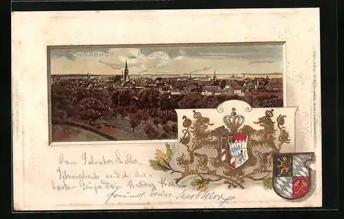 Passepartout-Lithographie Schwabach, Panorama mit Wappen